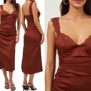 ANTHROPOLOGIE ASTR The Label Alva Ruched Bustier Midi Dress Lace Strap Rust M